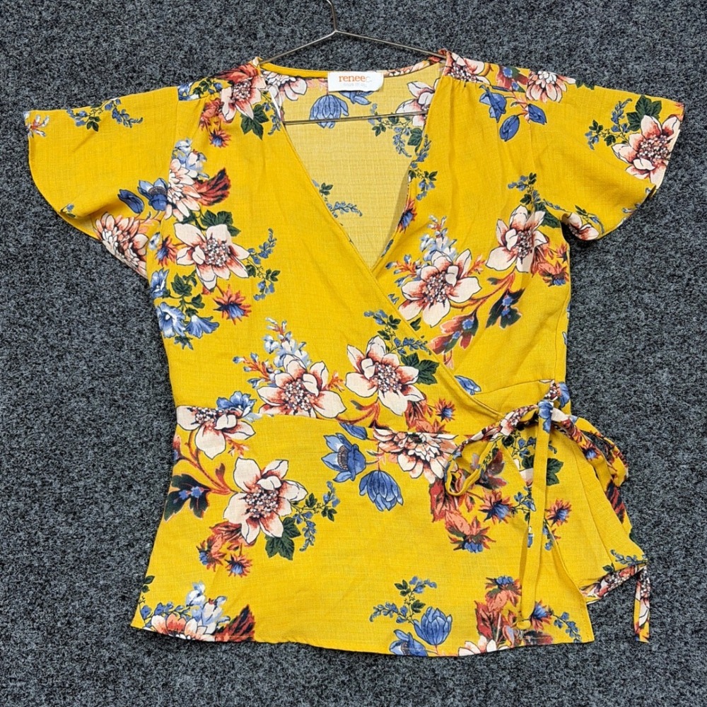 Renee C Top Womens Small Yellow Floral Wrap Flutter Sleeve Boho 2847TP USA
